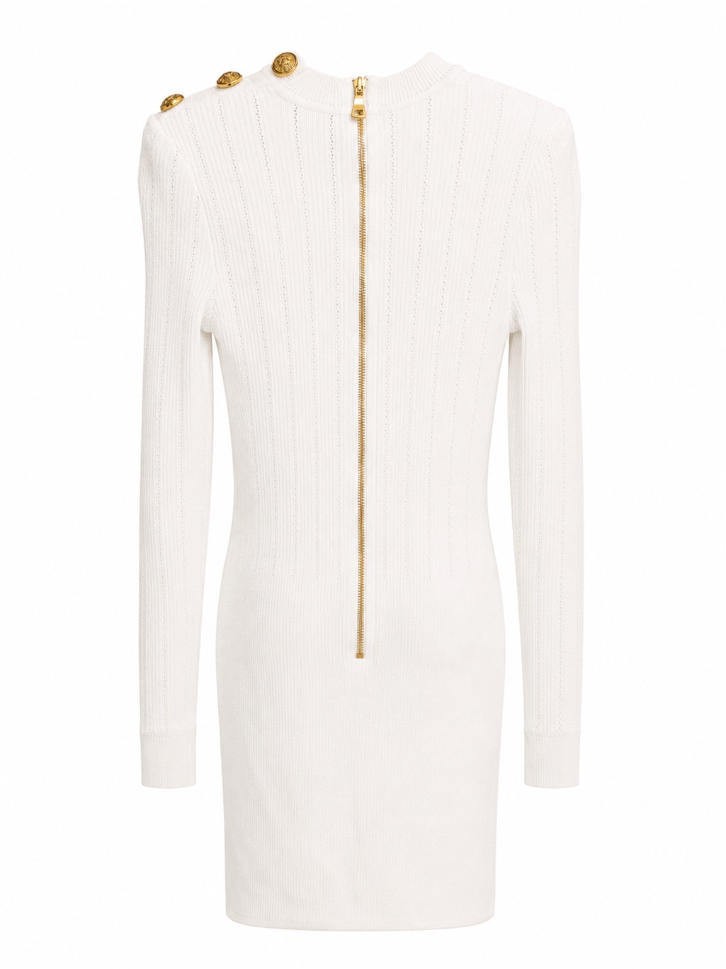 Balmain White Ribbed Long-Sleeve Mini Dress With Gold Buttons